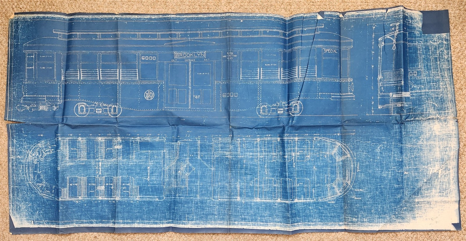 vintage BROOKLYN TRANSIT SYSTEM RAILROAD TROLLEY BLUEPRINT brill 29x60 