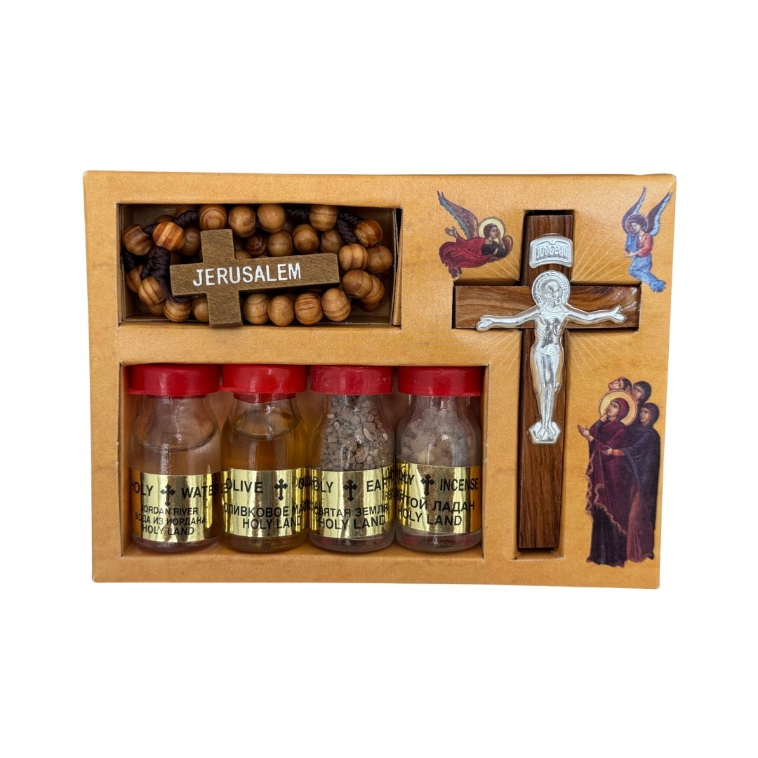 Blessing Kit Bottles and olive wood Cross from The Holy Land Jerusalem