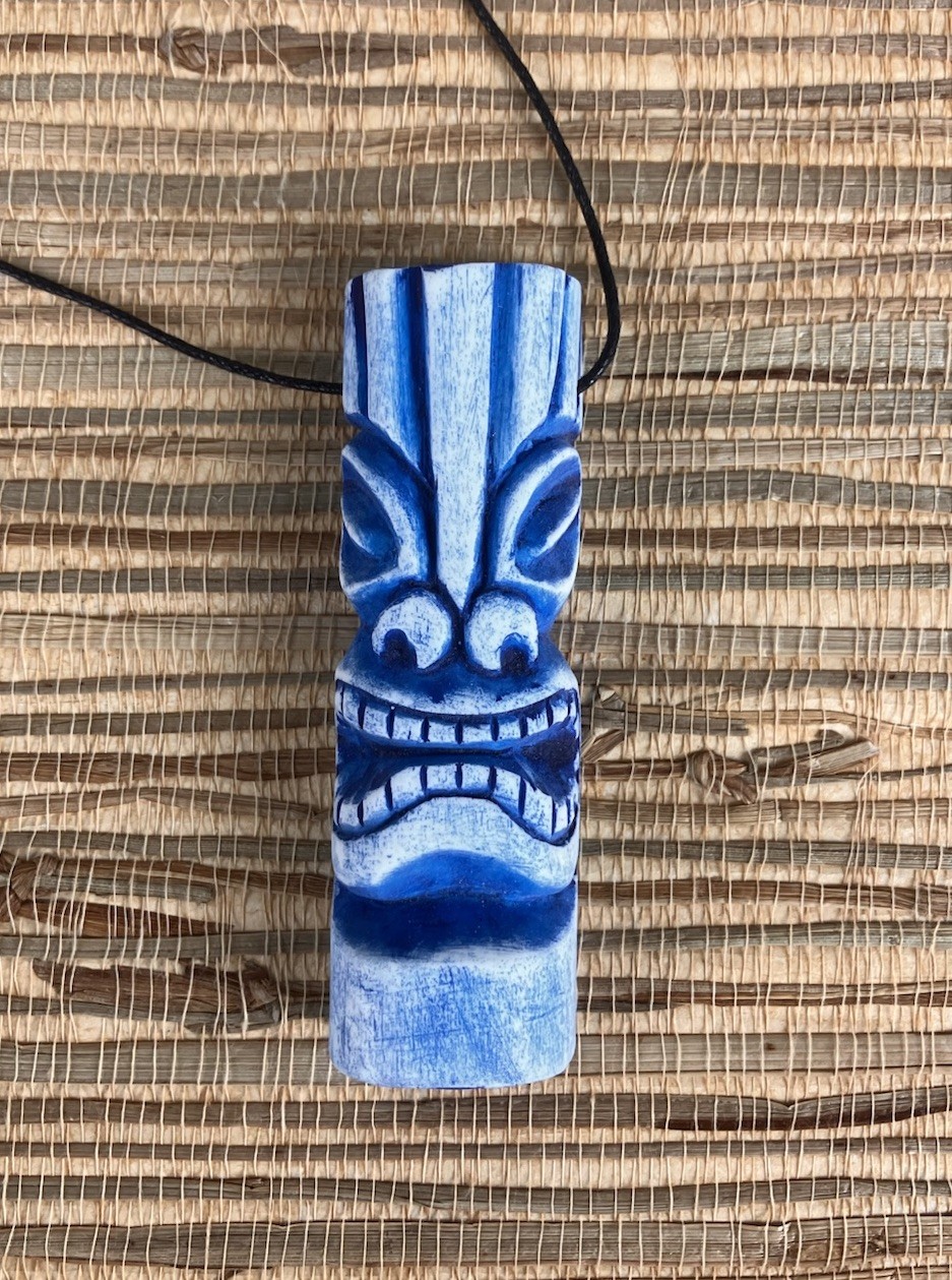 Buzzy Totem Pole Tiki Pendant Necklace Handmade Resin Blue/White 3.75\