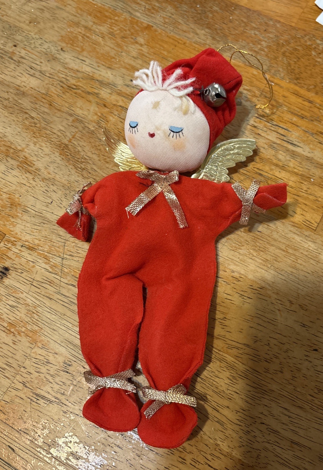Vintage Japan MCM Pixie/Angel Ornament With Felt Body And Gold Wings 9”