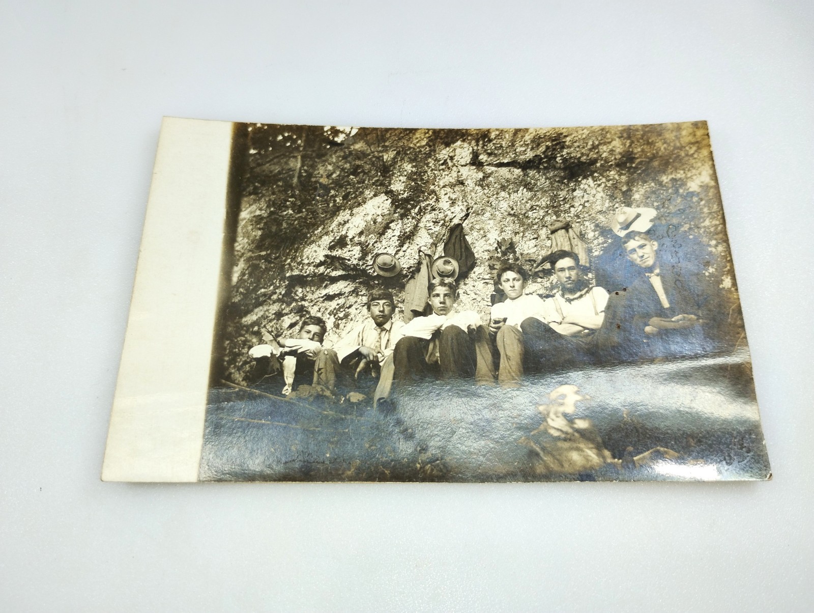 Antique Real Photo Postcard RPPC Group of Young Men & Dog Outdoors 1904-1920
