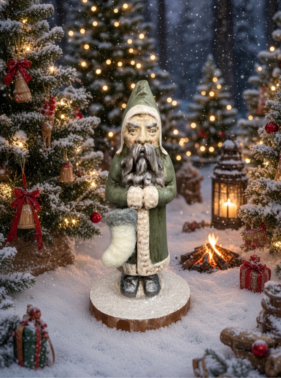 Sage Green Woodland Theme Belsnickel Santa Statue from Antique German Mold c1910