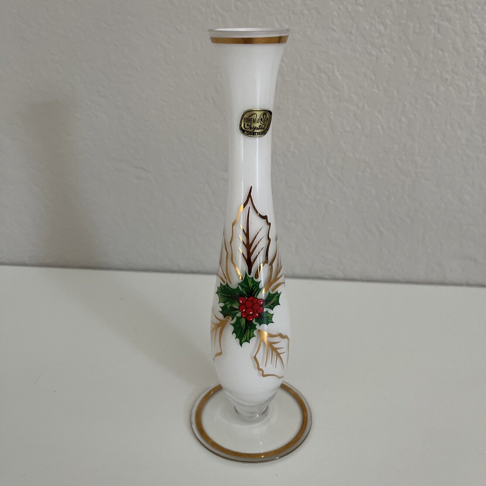 Bohemia Crystal Pedestal  Bud Vase White Glass Hand Painted Holly Berries