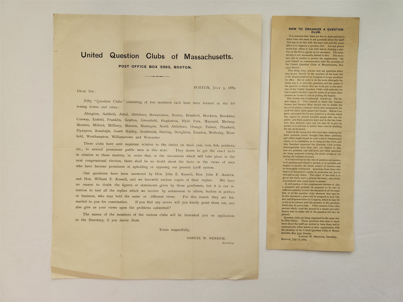1889 antique UNITED QUESTION CLUBS boston ma TARIFF POLITICS activism LETTER
