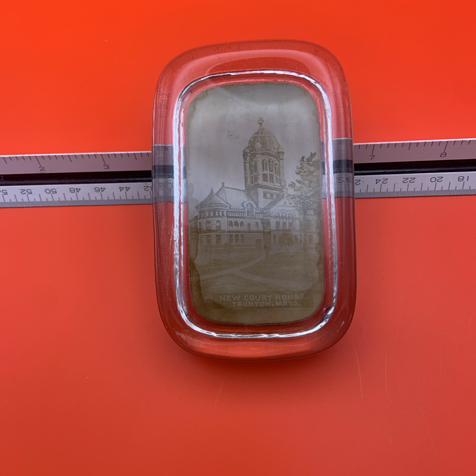 Rare Glass Paper Weight Taunton, MA Court House Real Early Image 1900  USA