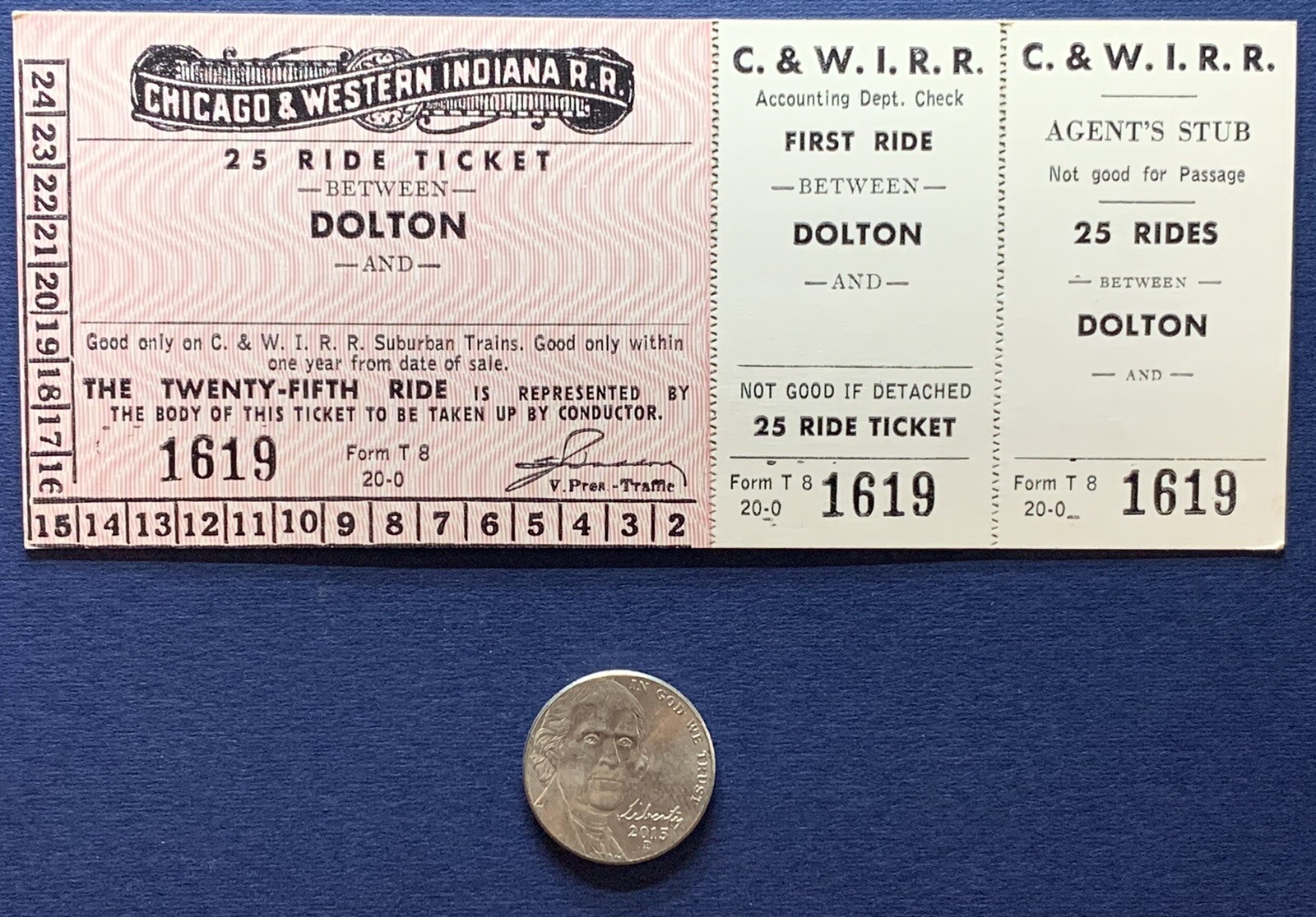 C&WI TRAIN 25 RIDE TICKET DOLTON #1619 AGENT\'S STUB C&WI TRAIN 25 RIDE TICKET DOLTON #1619 AGENT\'S STUB