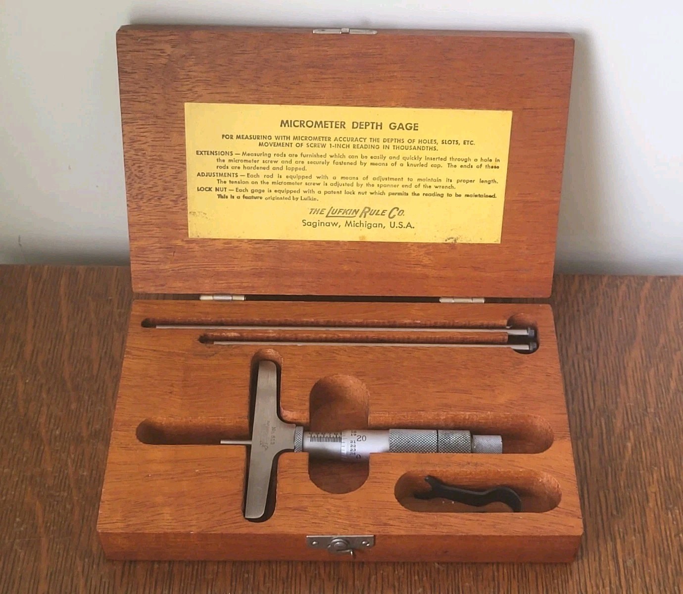 Vintage Lufkin Rule No. 513 Depth Micrometer Set w/(3) Rods & Wooden Case 