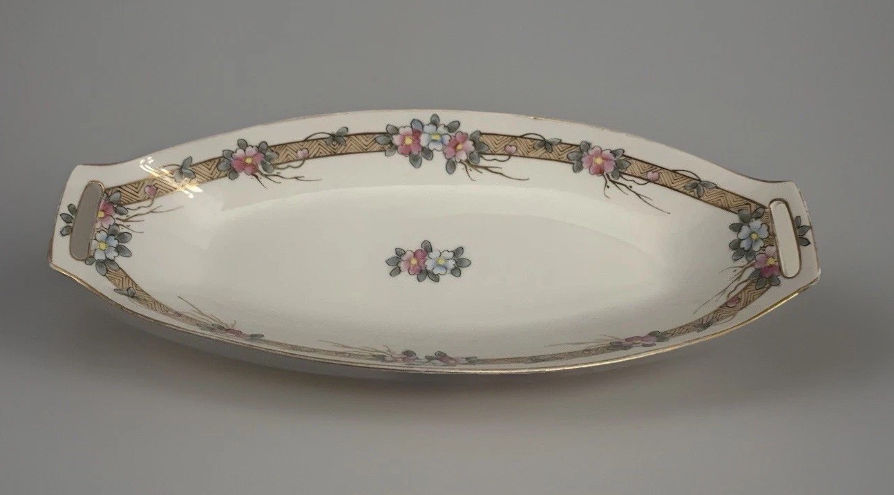 NIPPON Handpainted Porcelain Relish Dish Vintage From Japan DoubleHandled Lovely