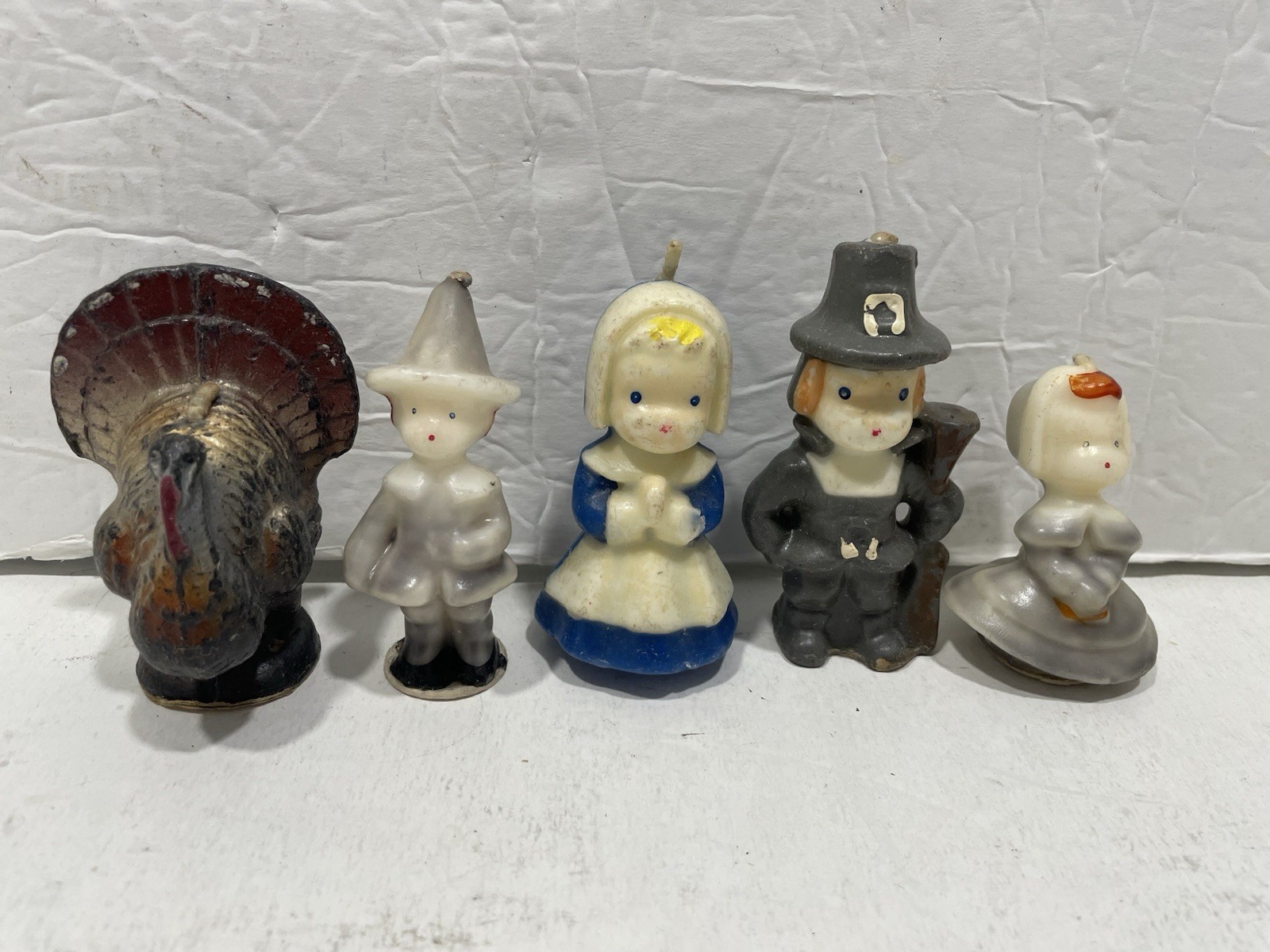 Vintage Tavern Socony Thanksgiving Candles Lot 5 Pilgrims Turkey Unlit 1940s USA