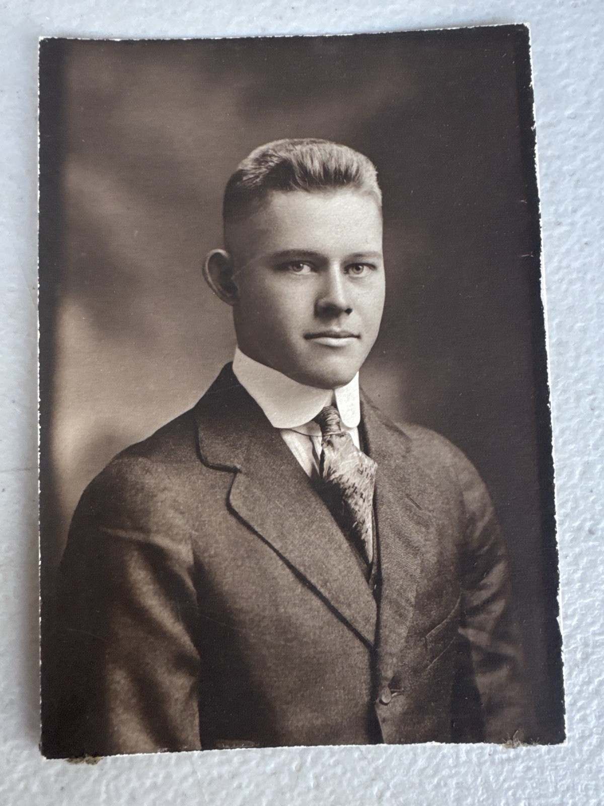 Vintage 1910s-1920s Young Man Studio Portrait Photo Suit & Tie 3.5x5