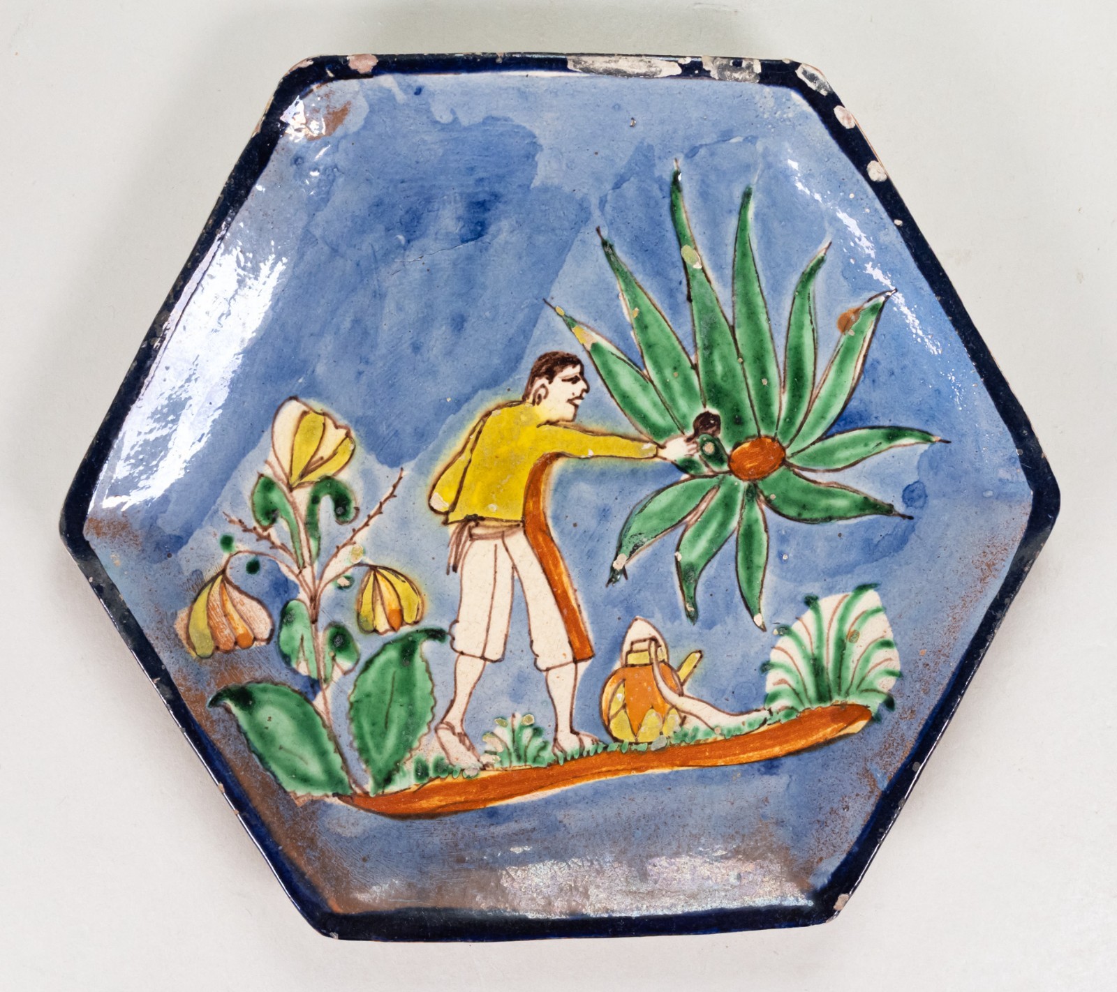 c.1920/30\'s Tlaquepaque Mexican Pulque Washy Blue Hexagon Pottery Plate