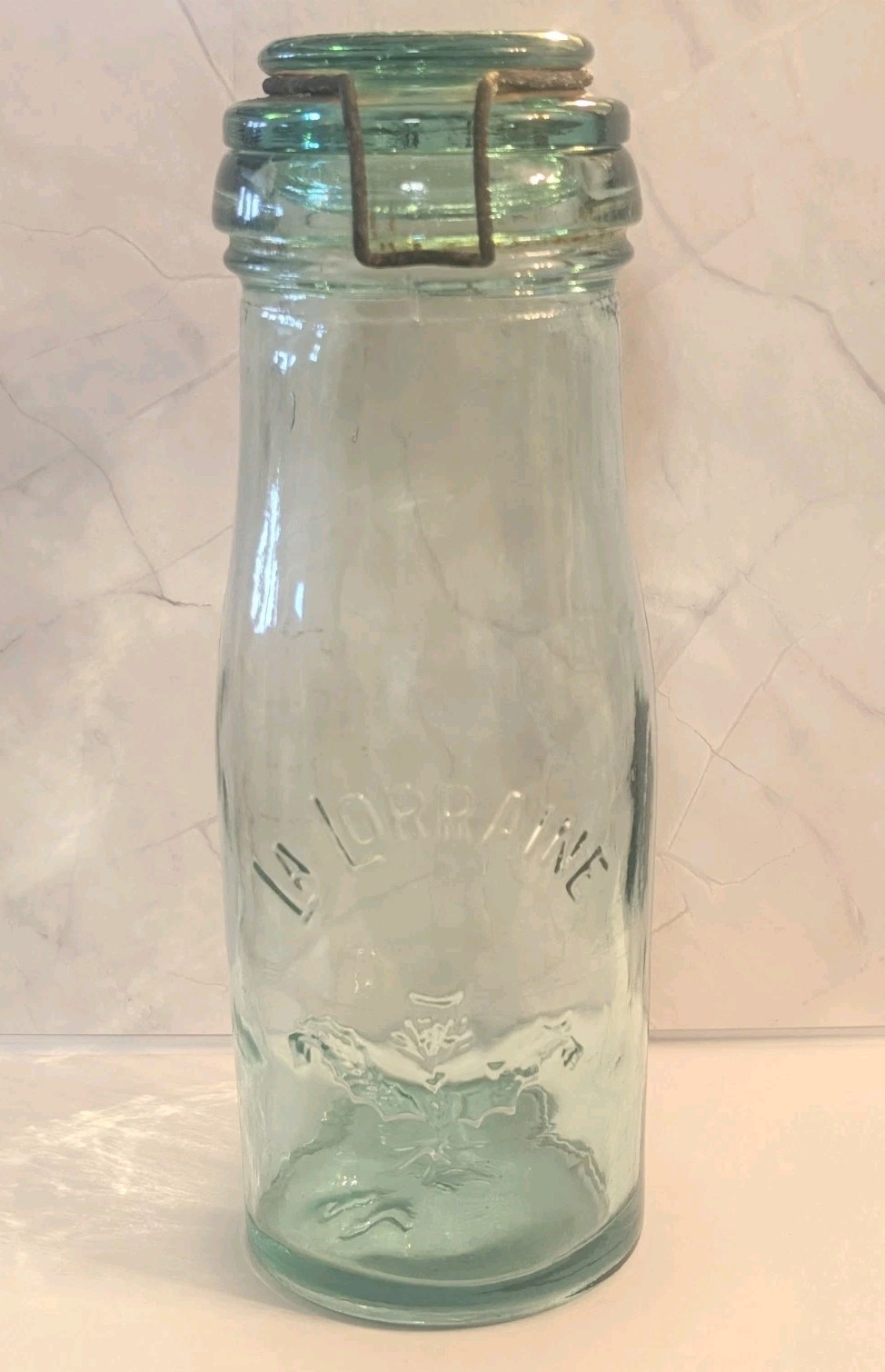La Lorraine Antique French Canning Jar Thistle Embossed Aqua Glass Bail Lid