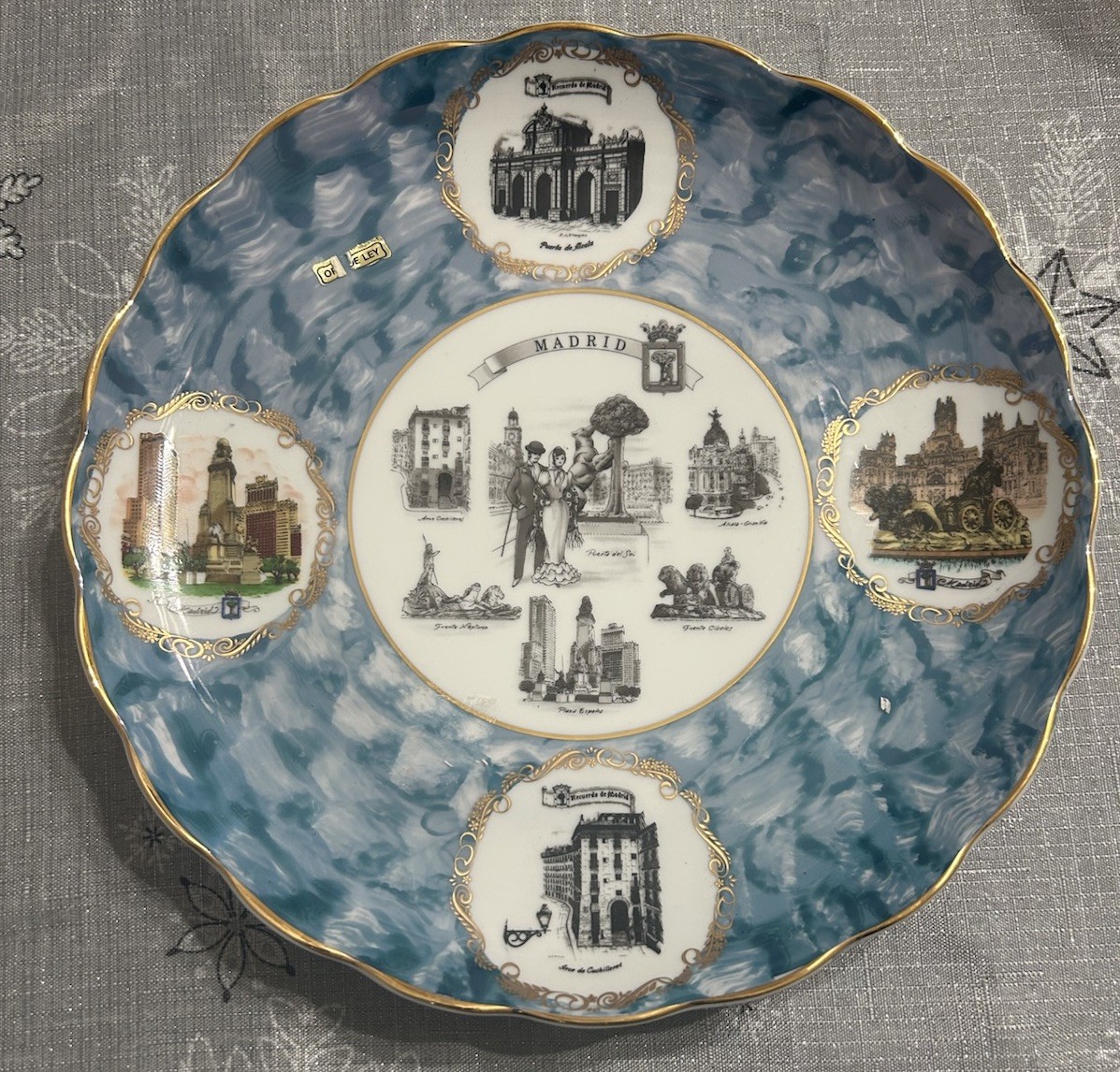 Vintage Plate Madrid Spain. “Arte Madrid”-Blue marbled Design With Gold Trim