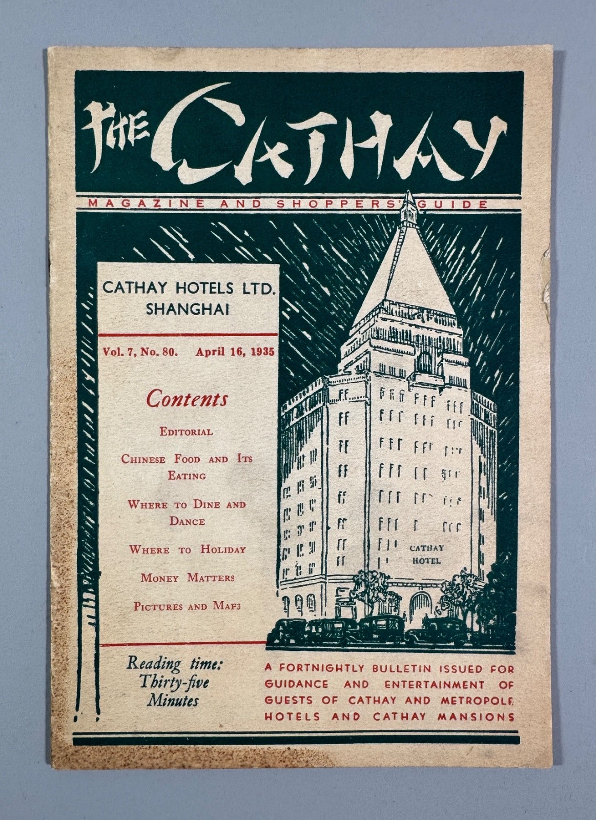 1935 The CATHAY HOTEL Shanghai China Magazine for Guests with Articles Ads & Map