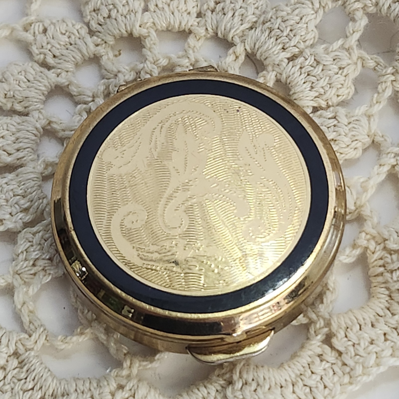 Vintage Stratton England Pill Box Floral Gold Tone with Black Enamel Rim Vintage Stratton England Pill Box Floral Gold Tone with Black Enamel Rim