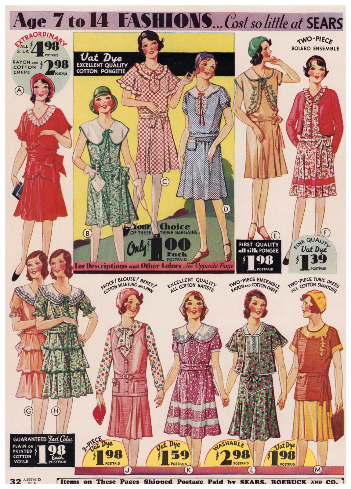 VTG RARE 1931 Spring Sears Catalog Page Ad Age 7-14 Fashions Vintage Original