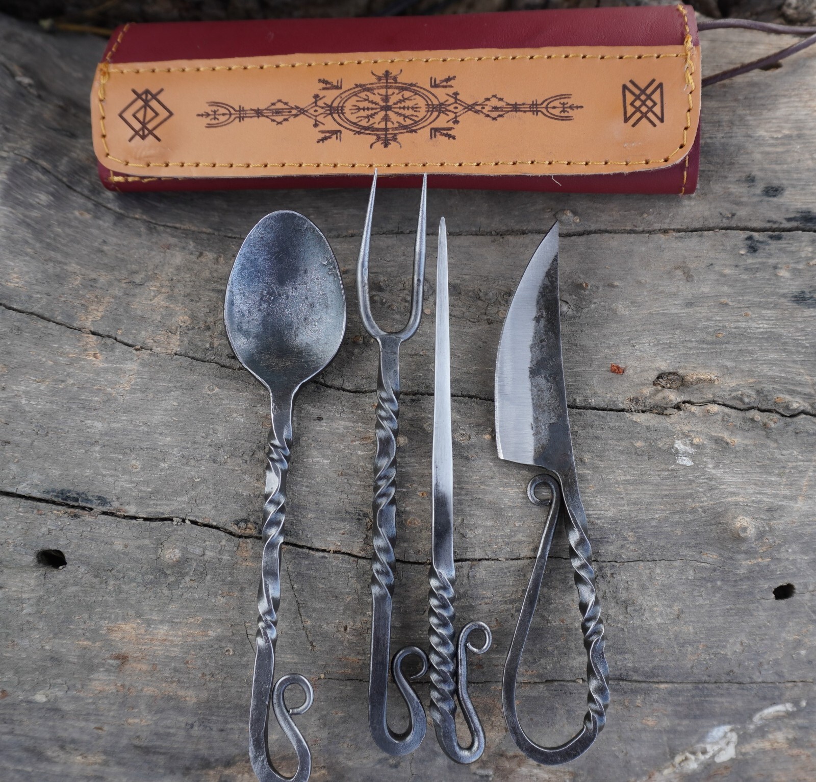Hand Forged Viking cutlery set Fork Knife and Spoon with beautiful Leather kit Hand Forged Viking cutlery set Fork Knife and Spoon with beautiful Leather kit