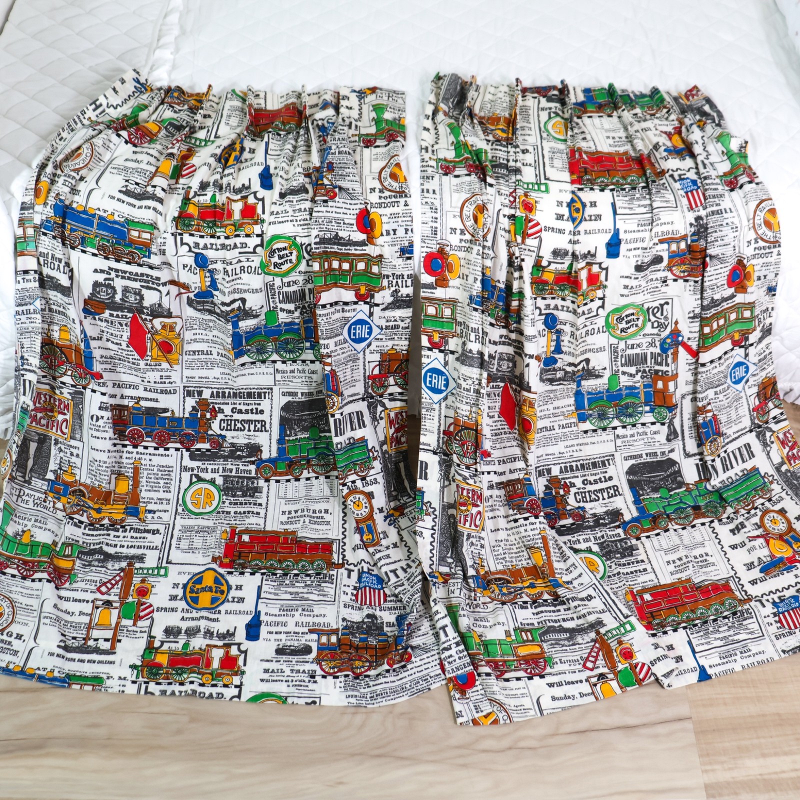 Vintage Train Fabric PAIR Drapery Panels Curtain Locomotives Railroad 1970s