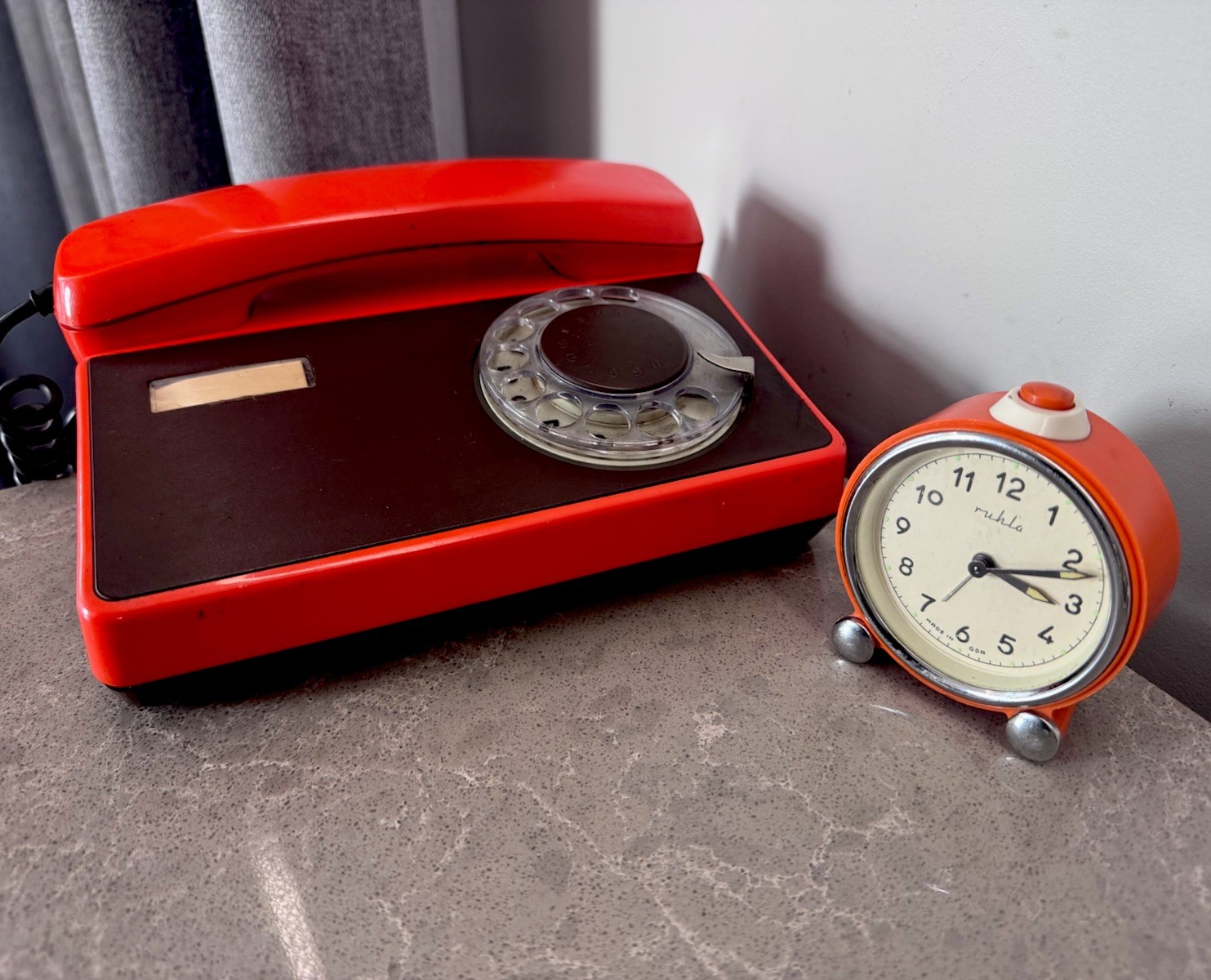Vintage Tesla Rotary Phone & Ruhla Orange Alarm Clock Set Space Age MCM GDR 70s