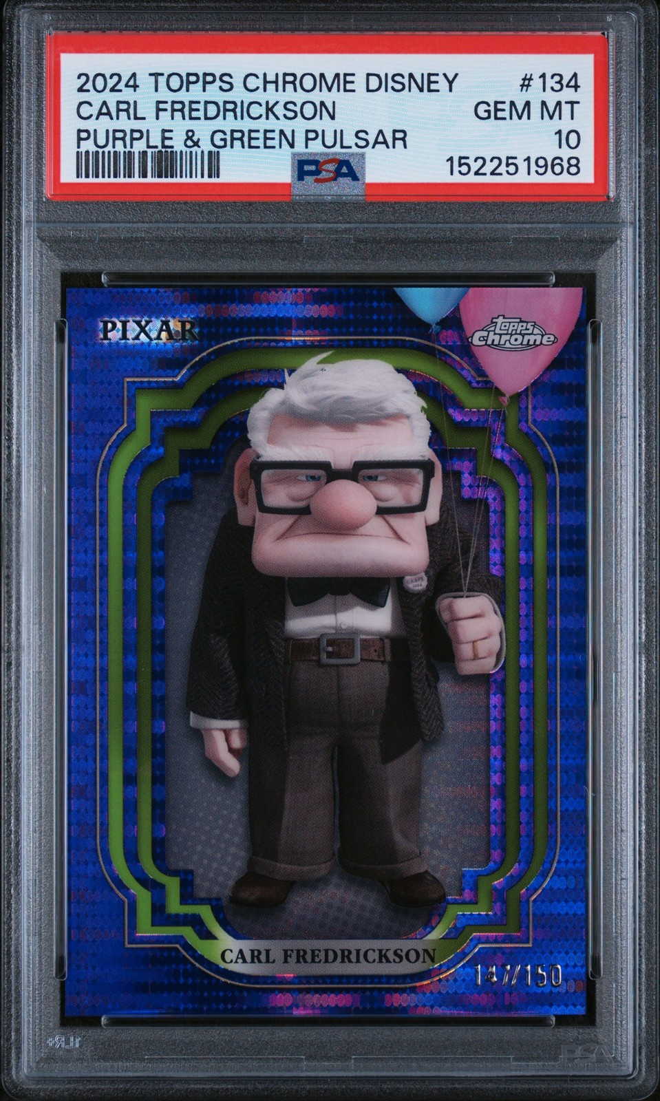 2024 Topps Chrome Disney #134 Carl Fredrickson Purple & Green Pulsar PSA 10