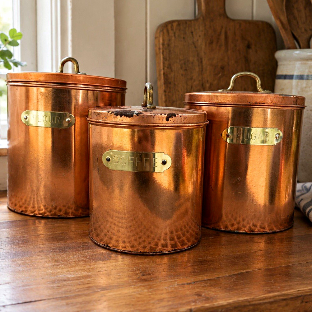 VTG 70s Cheinco Copper Metal Canister Set 3pc With Lids Free Standing Round