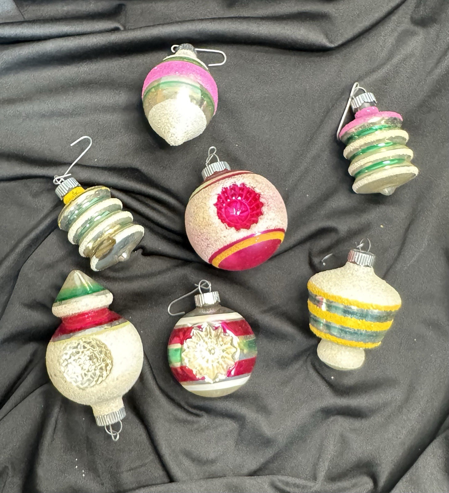 Vintage Shiny Brite Glass Christmas Ornaments Lot 7 Mica Stripe Lantern UFO MCM