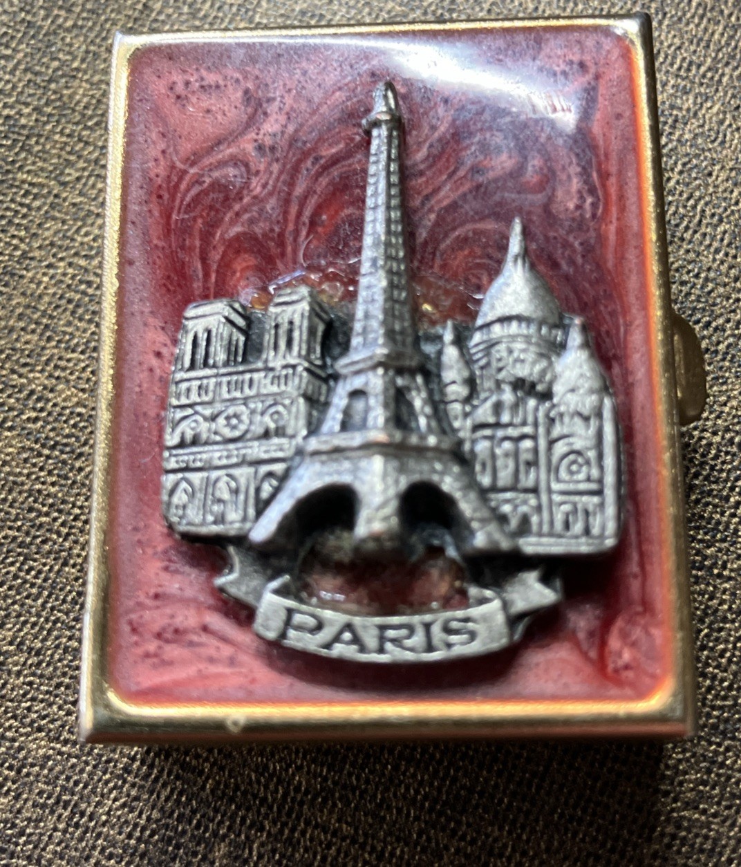 Vintage Ornate Paris  Gold-Tone French Eiffel Tower Porcelain Top Pill  Box