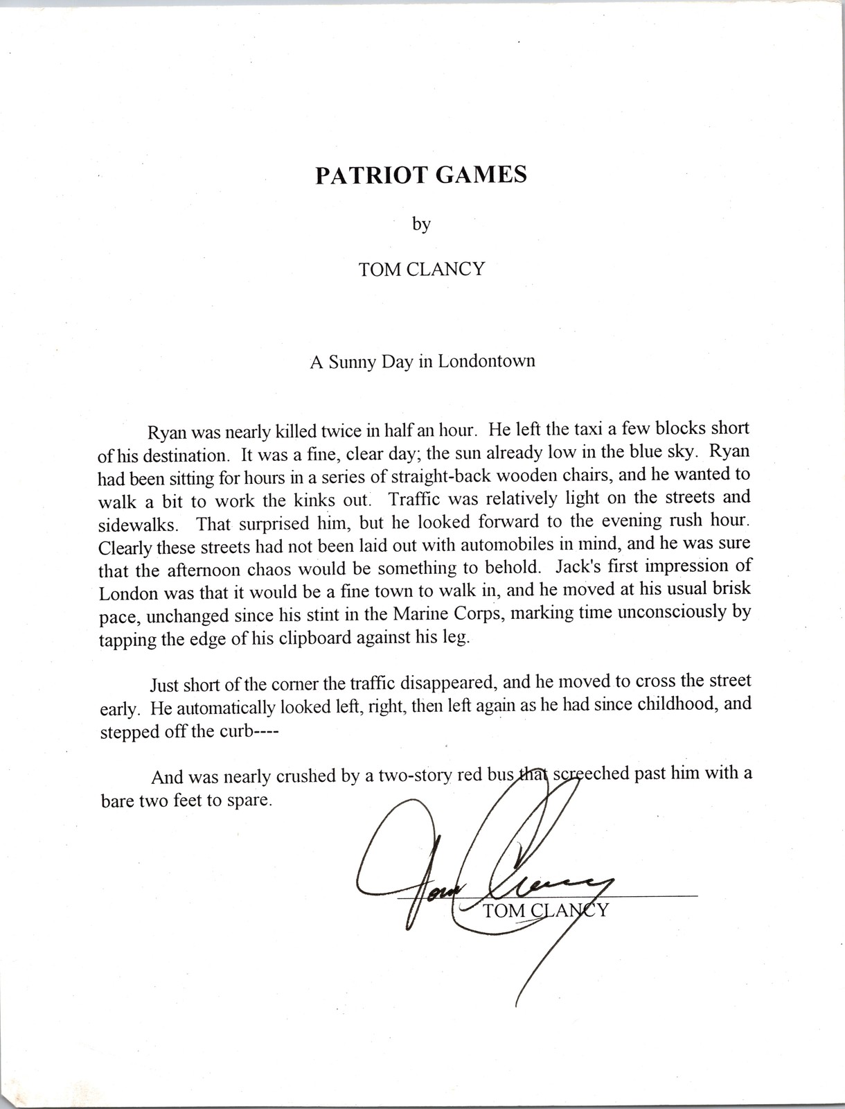 8 x 10 Patriot Games Excerp w/ Signed Autograph - Tom Clancy 8 x 10 Patriot Games Excerp w/ Signed Autograph - Tom Clancy