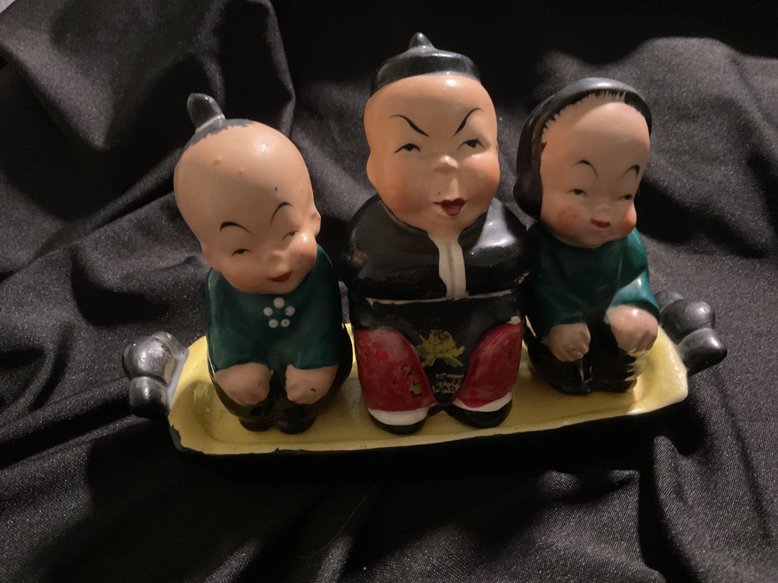 Vtg Maruri Asian Boy Girl  Salt & Pepper Shakers and Mustard Pot on Tray