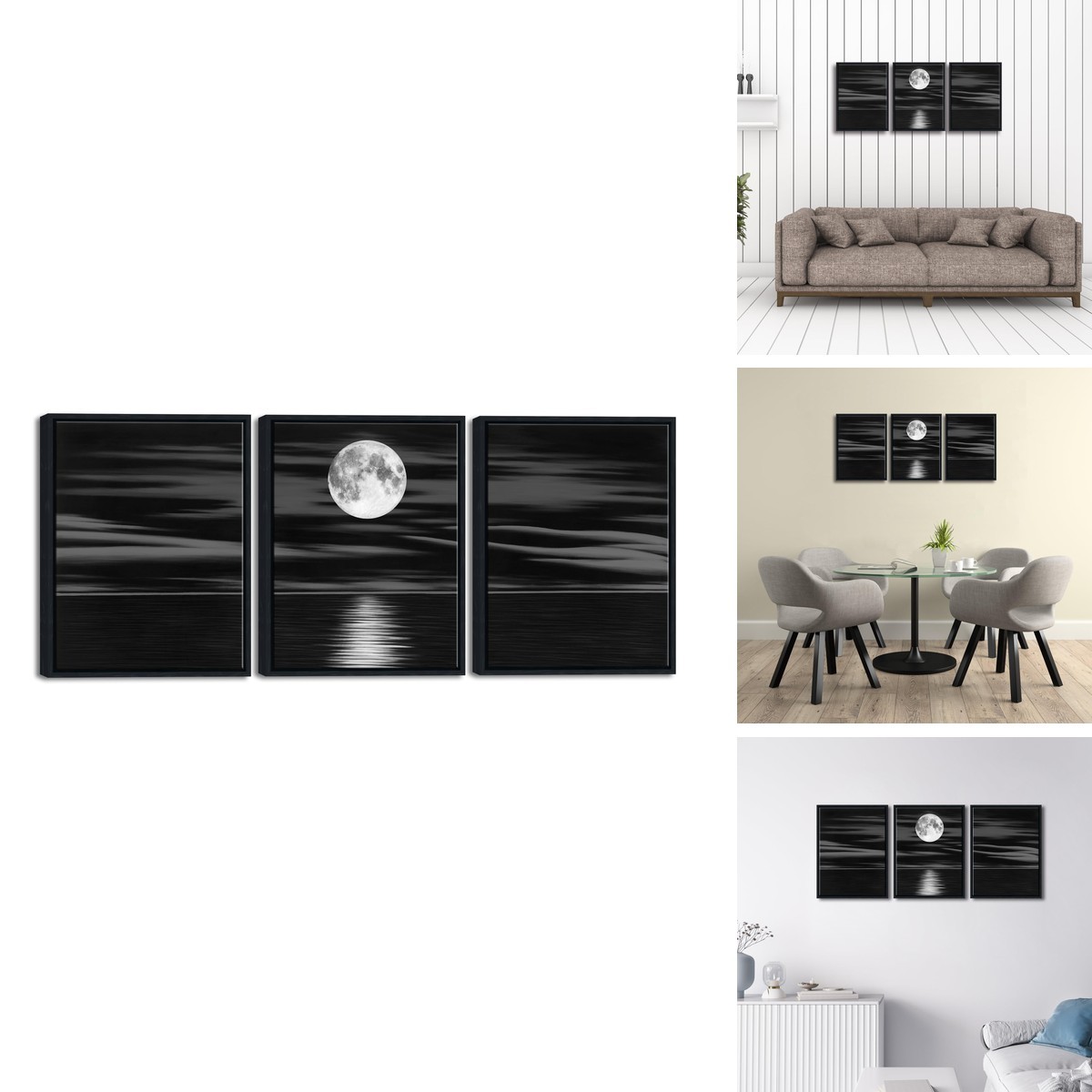 Wieco Art 3 Panel Canvas Print Full Moon Night Ocean Beach Wall Art Wieco Art 3 Panel Canvas Print Full Moon Night Ocean Beach Wall Art