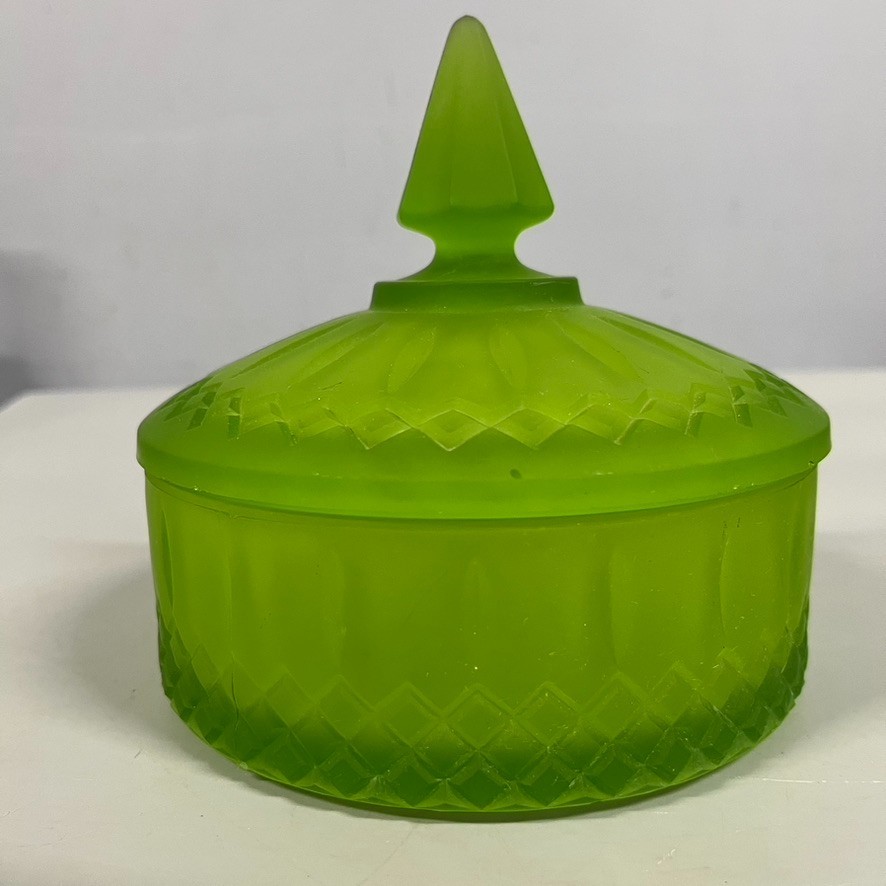 Vintage Indiana Glass Diamond Point Satin Frosted Green Glass Powder Candy Dish