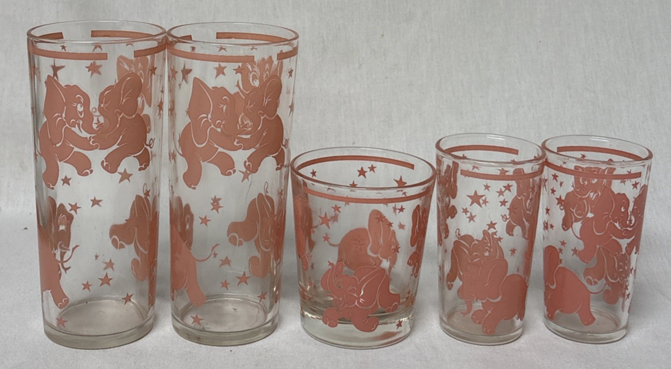 5 Vintage HAZEL ATLAS Dancing Pink Elephant Glasses Water High/Low Ball Juice 5 Vintage HAZEL ATLAS Dancing Pink Elephant Glasses Water High/Low Ball Juice