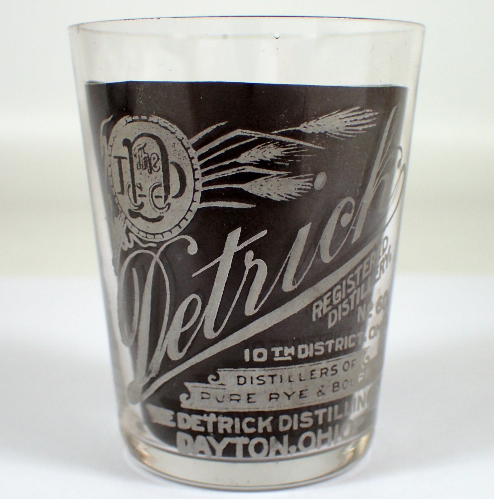 Antique Shot Glass Pre-Prohibition DETRICK Dayton Ohio Rye Bourbon Acid Etched