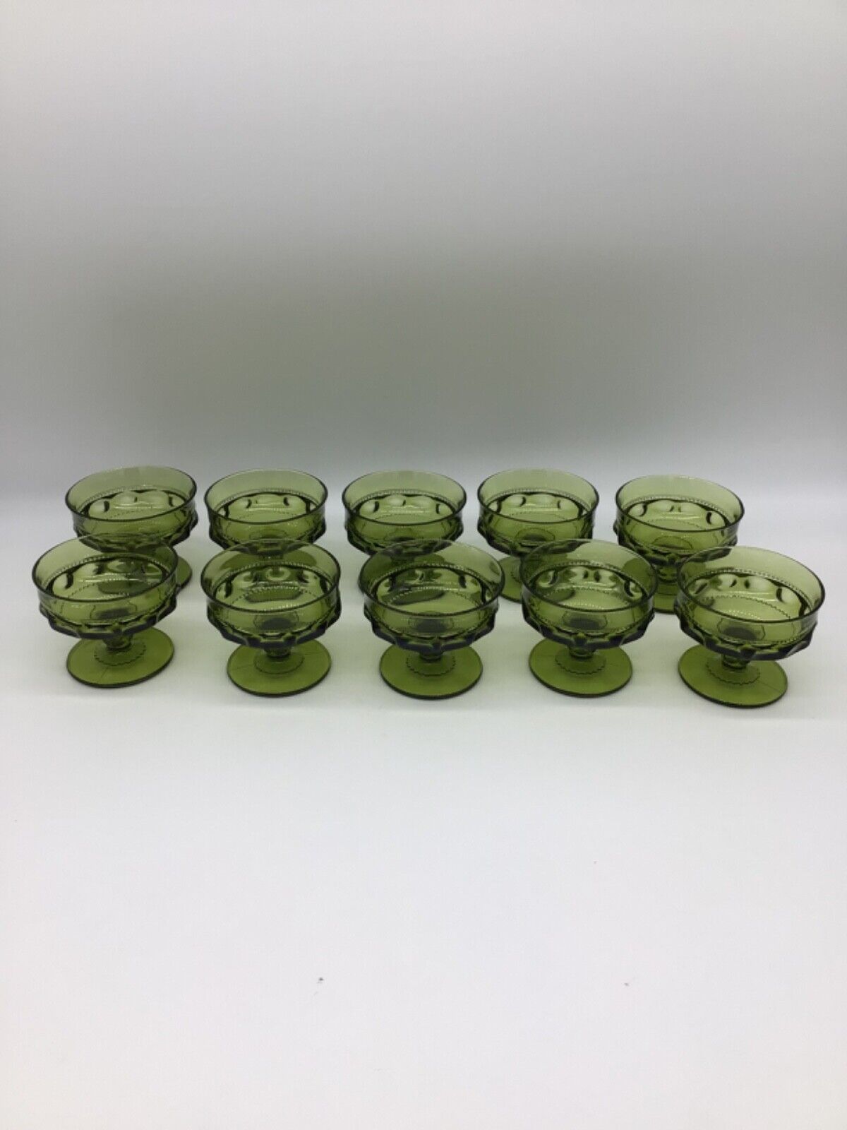 Set of 10 Vintage Avocado Green Glass Kings Crown Thumprint 6oz Champagne Coupe