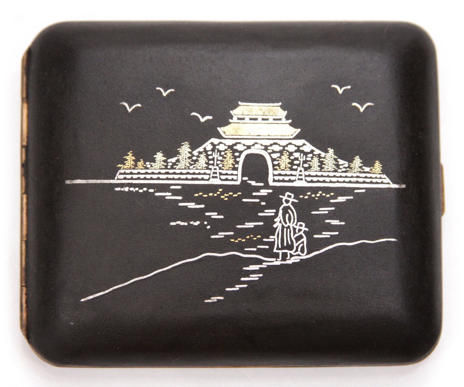Vintage Japanese Iron Gold Silver Damascene Cigarette Case Korea Temple Komai Vintage Japanese Iron Gold Silver Damascene Cigarette Case Korea Temple Komai