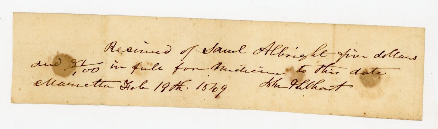 1849 Handwritten Medicine  Receipt Samuel Albright signed John Gilbert Lancaster
