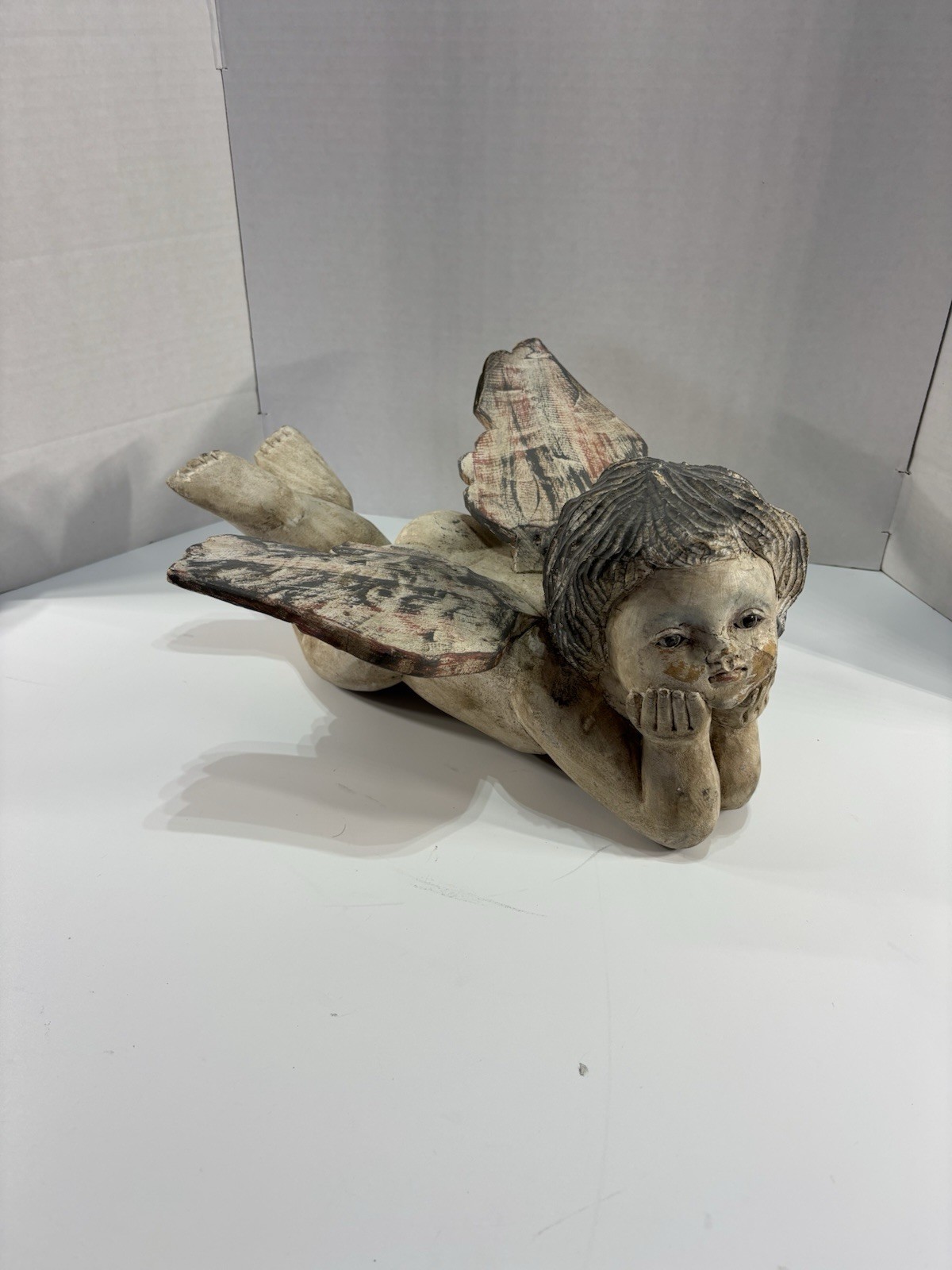 Vintage Hand-Carved Wood Cherub Putti Figurine with Inset Blown-Glass Eyes Vintage Hand-Carved Wood Cherub Putti Figurine with Inset Blown-Glass Eyes