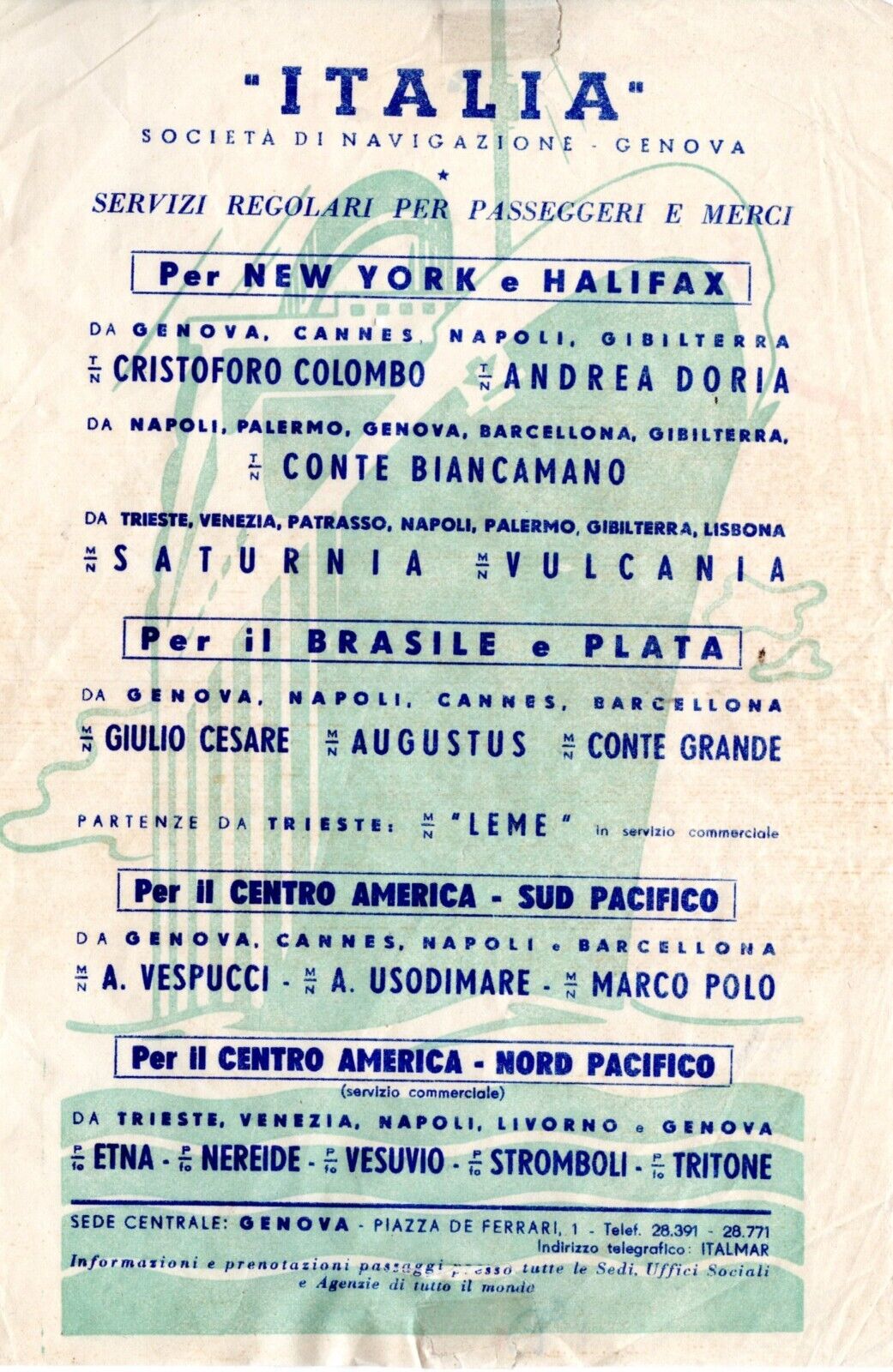 Mid-1950s Italian Line Fleet & Services Handbill w/ ANDREA DORIA-Like Background