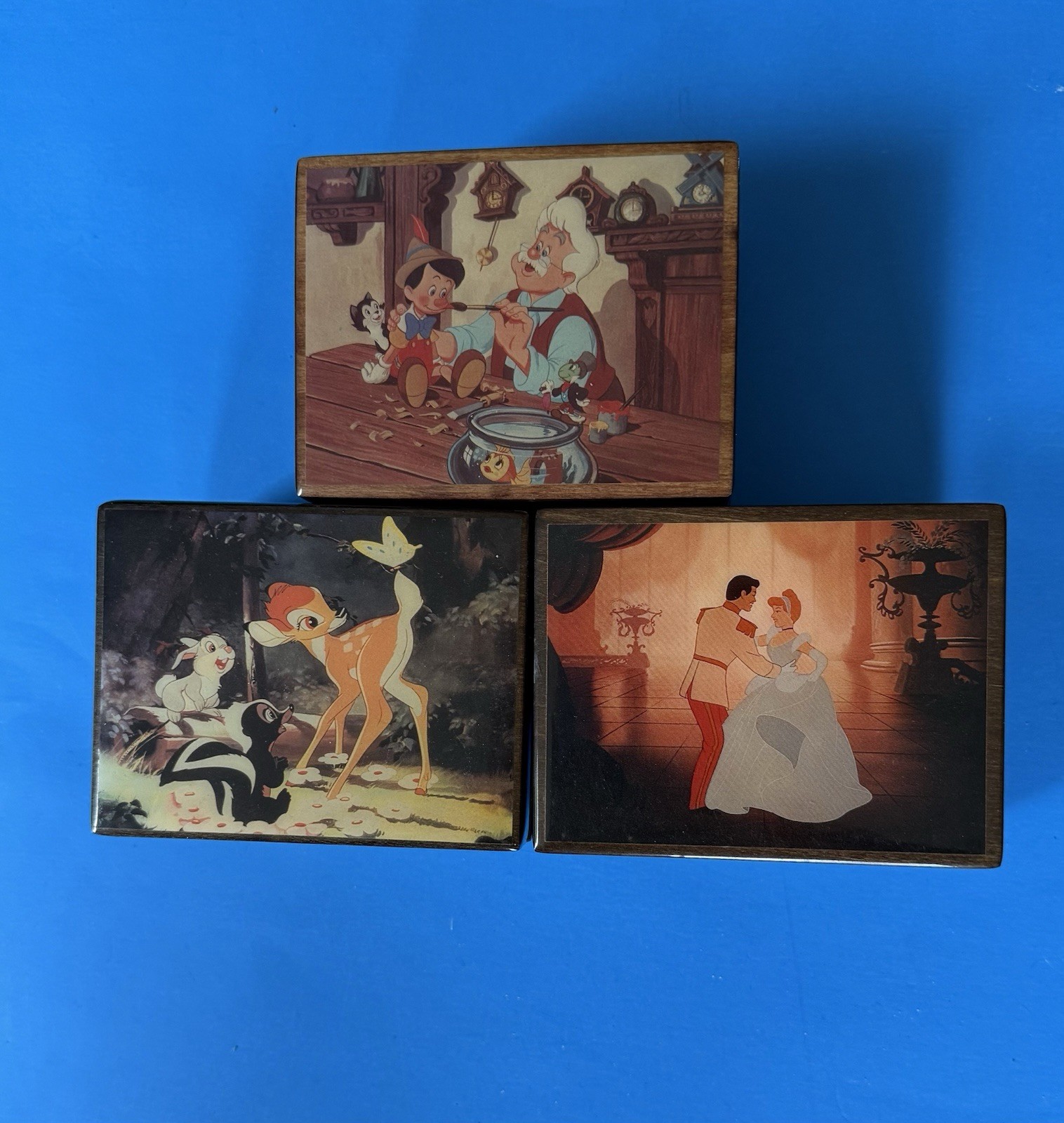 3 Disney Wood Music Jewelry Boxes Reuge Swiss: Pinocchio, Bambi, Sleeping Beauty 3 Disney Wood Music Jewelry Boxes Reuge Swiss: Pinocchio, Bambi, Sleeping Beauty