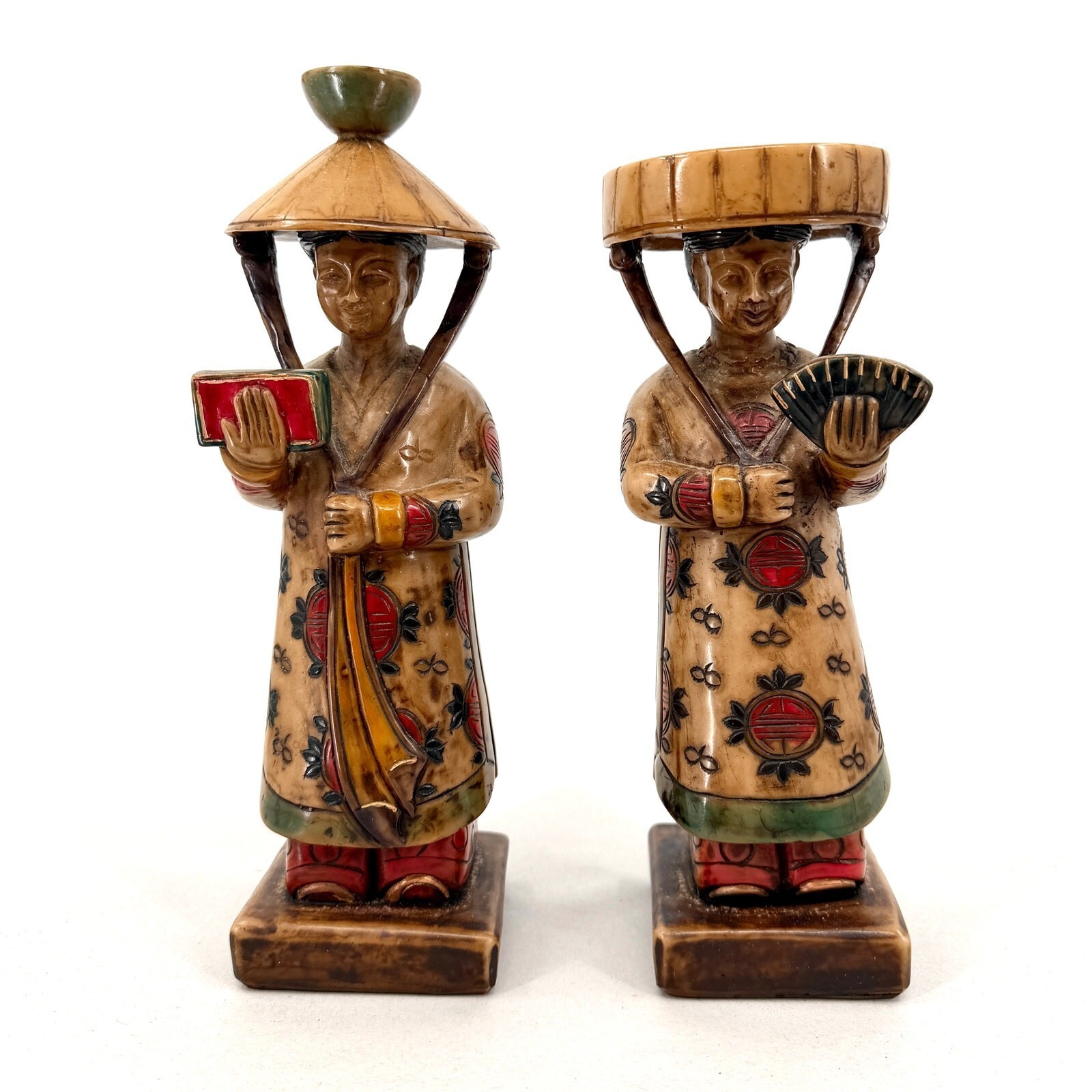 Vintage 1960s Cream Polychrome Bonded Resin Chinoiserie Figurine Sculptures