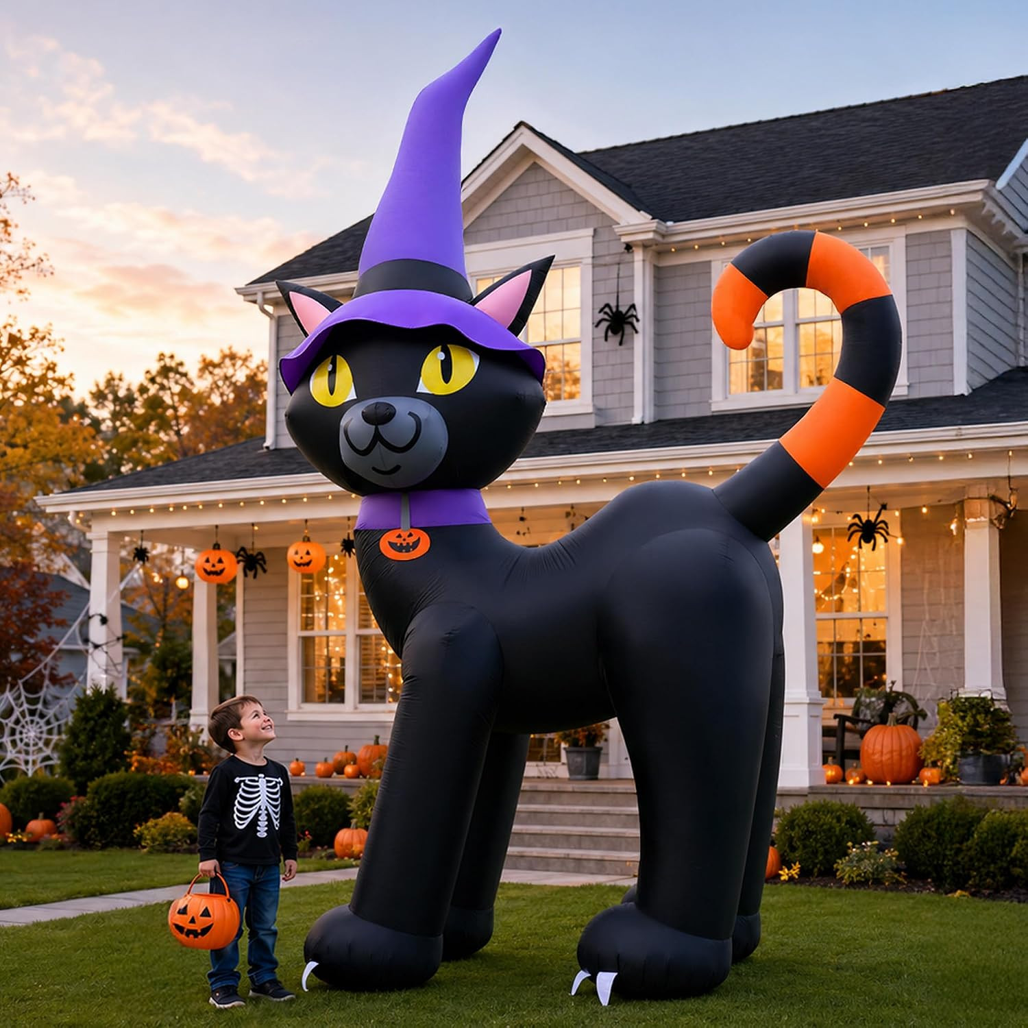 14FT Halloween Inflatable Black Cat with Witch Hat & Pumpkin Decor