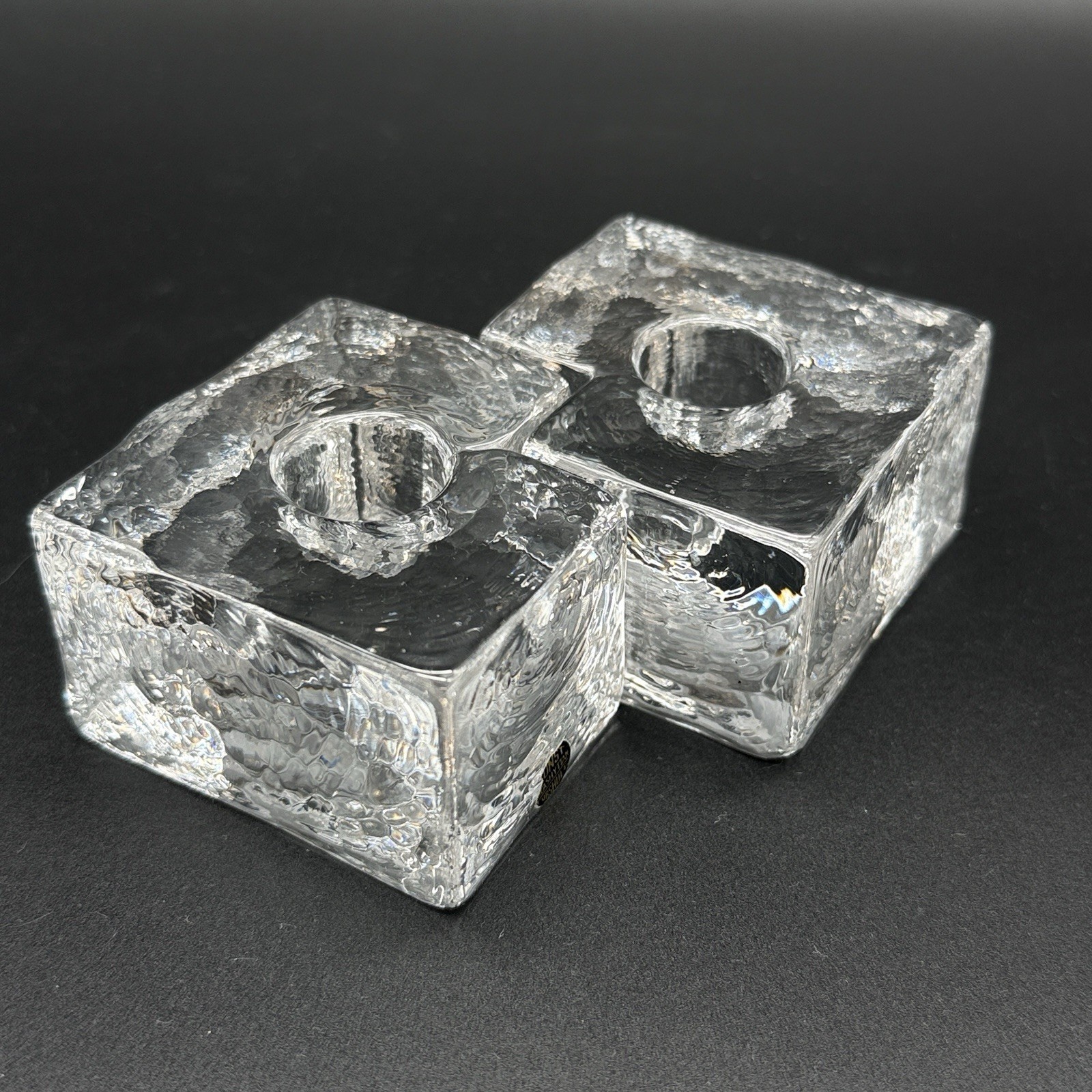 Vintage MCM Konst Glashyttan Urshult Sweden Textured Glass Candle Holders