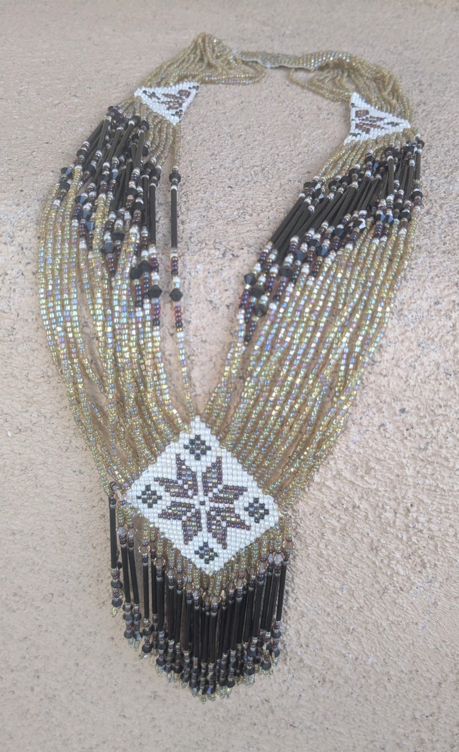 Vintage Native American Woven Micro Beaded Tapestry Fringed Statement Stole Vintage Native American Woven Micro Beaded Tapestry Fringed Statement Stole