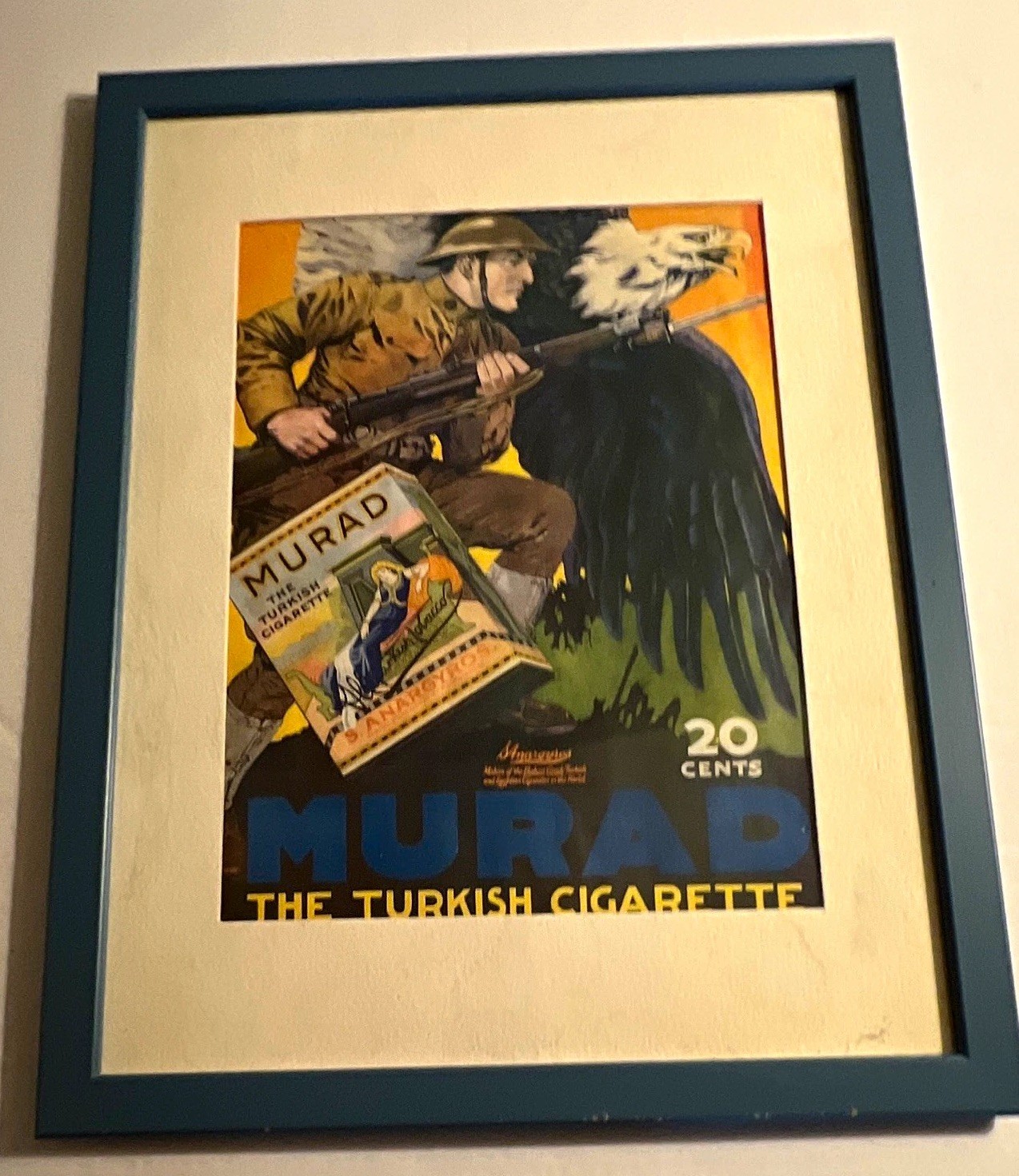 Vtg 1918 MURAD Turkish Cigarette Ad Framed WWI Soldier Eagle Patriot Poster Art Vtg 1918 MURAD Turkish Cigarette Ad Framed WWI Soldier Eagle Patriot Poster Art