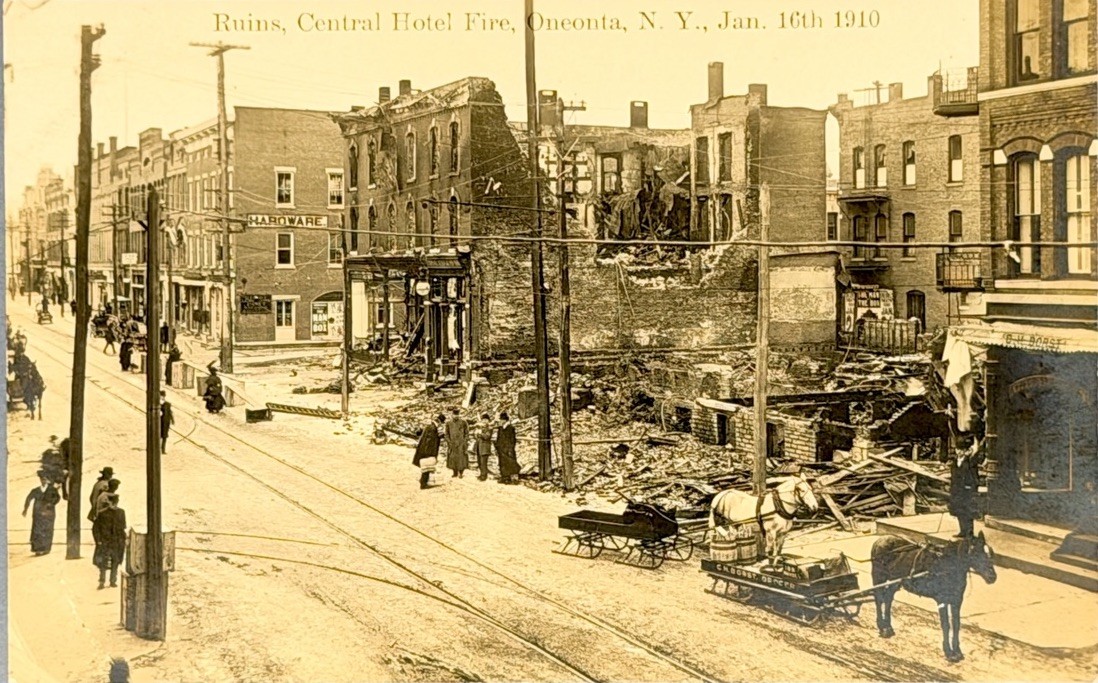 Oneonta RPPC REAL PHOTO Postcard 1910 - Rubble of the Central Hotel Burned 1920