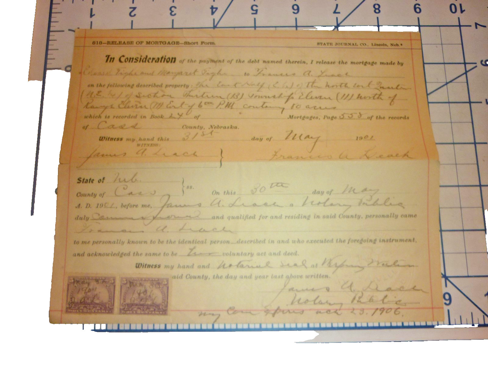 1901 Weeping Water Nebraska Mortgage Release Tighe 1898 Battleship Stamps Cass C 1901 Weeping Water Nebraska Mortgage Release Tighe 1898 Battleship Stamps Cass C