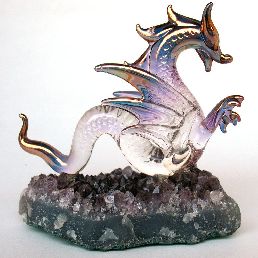 Dragon Serpent Figurine Blown Glass  Amethyst Crystals