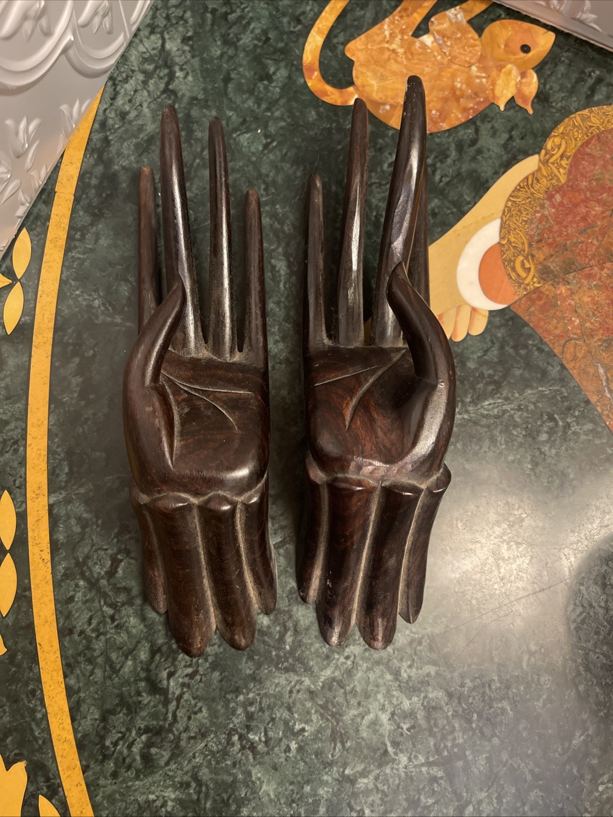 Pair Indonesian Bali Black Persimmon Wood Carving Buddha Hands Statue Figurines