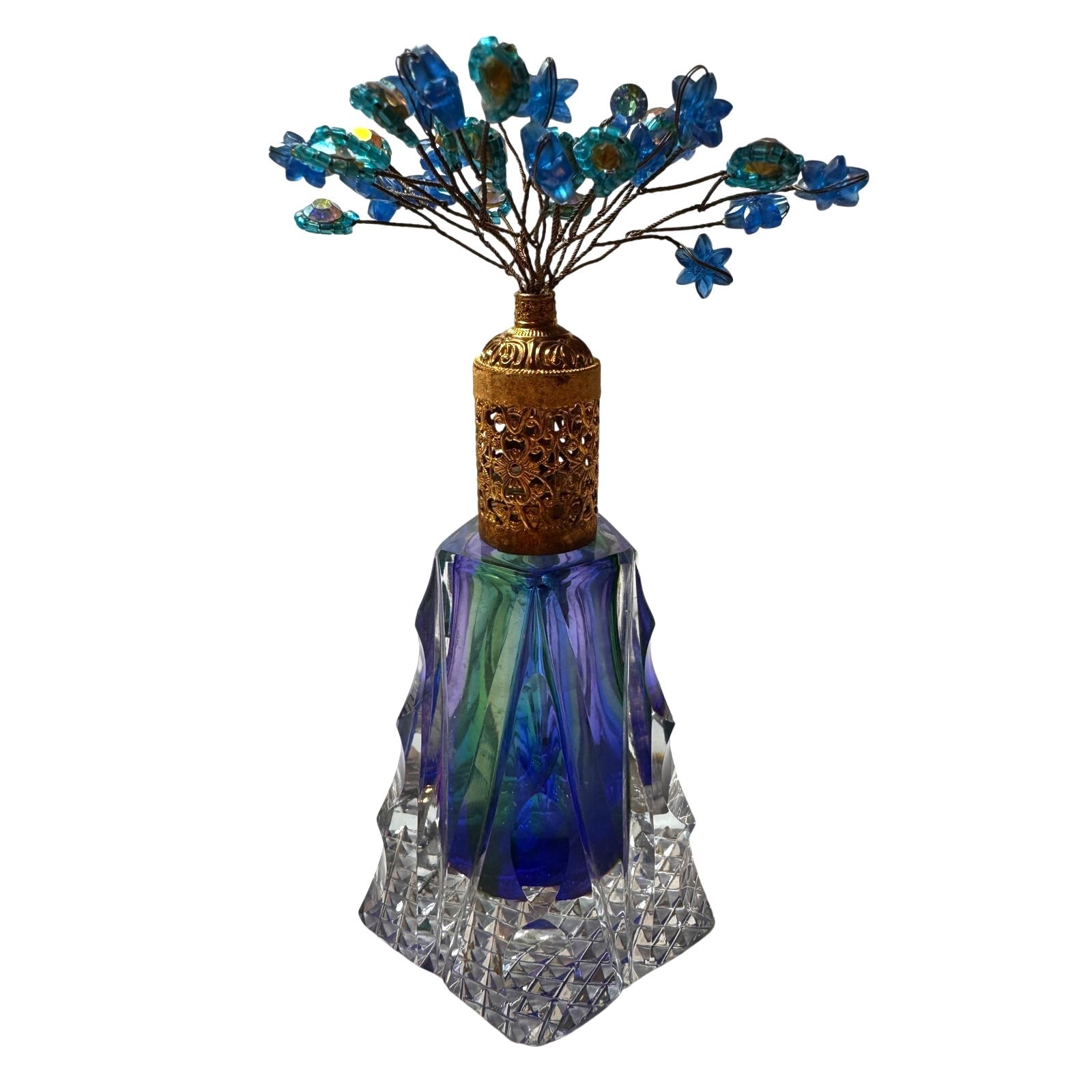 Vintage Irice Cut Glass Perfume Atomizer with Flower Top