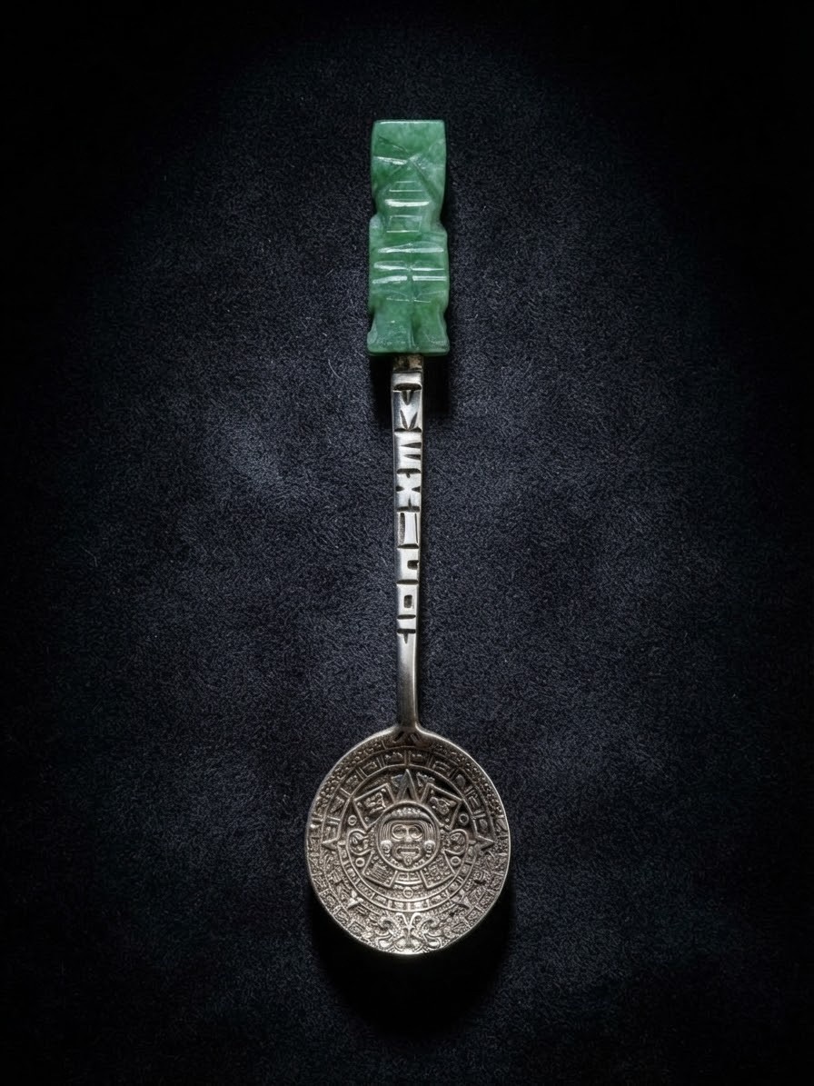 Mexico Sterling Silver 925 Souvenir Spoon Green Stone Handle Aztec Calendar